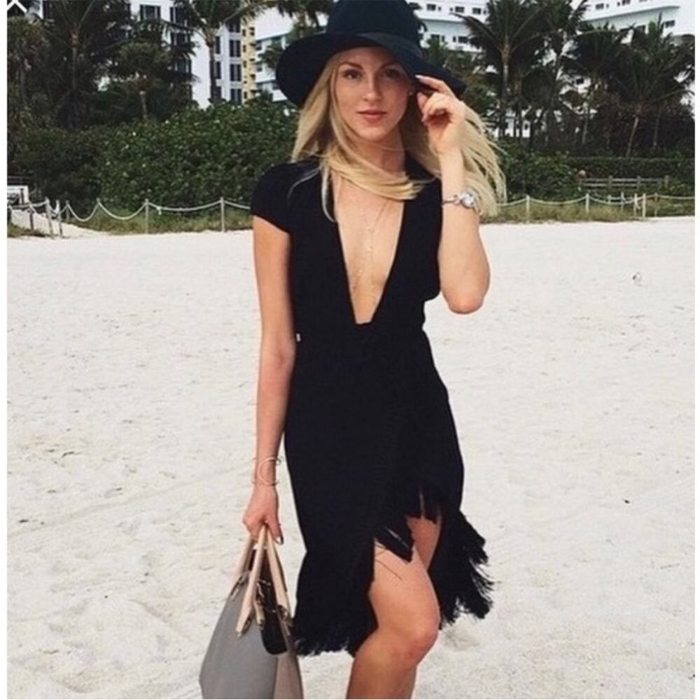Reformation Black Privet Wrap Fringe Dress Bohemian Contemporary Event Party